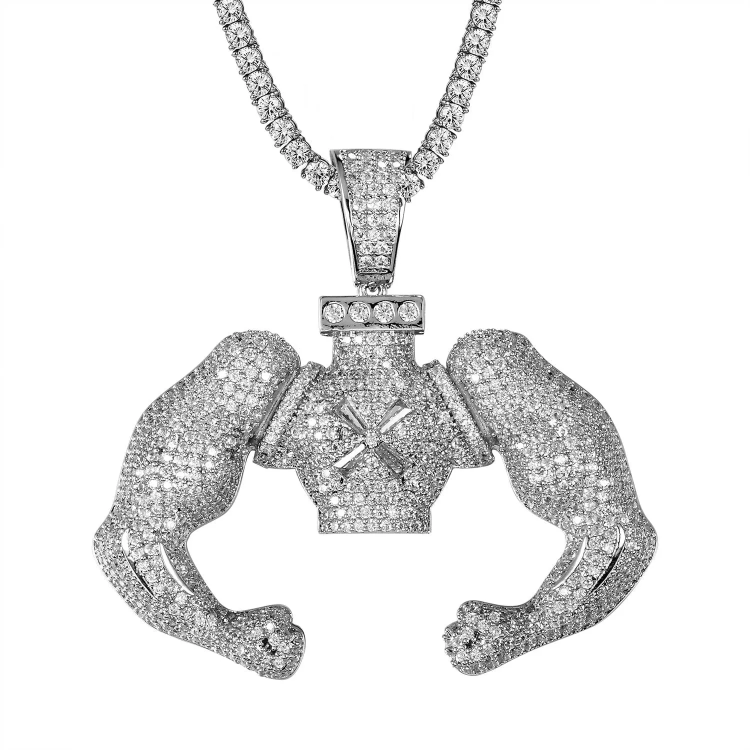 14K White Gold Tone Bicep Muscle Icy Custom Hip Hop Pendant