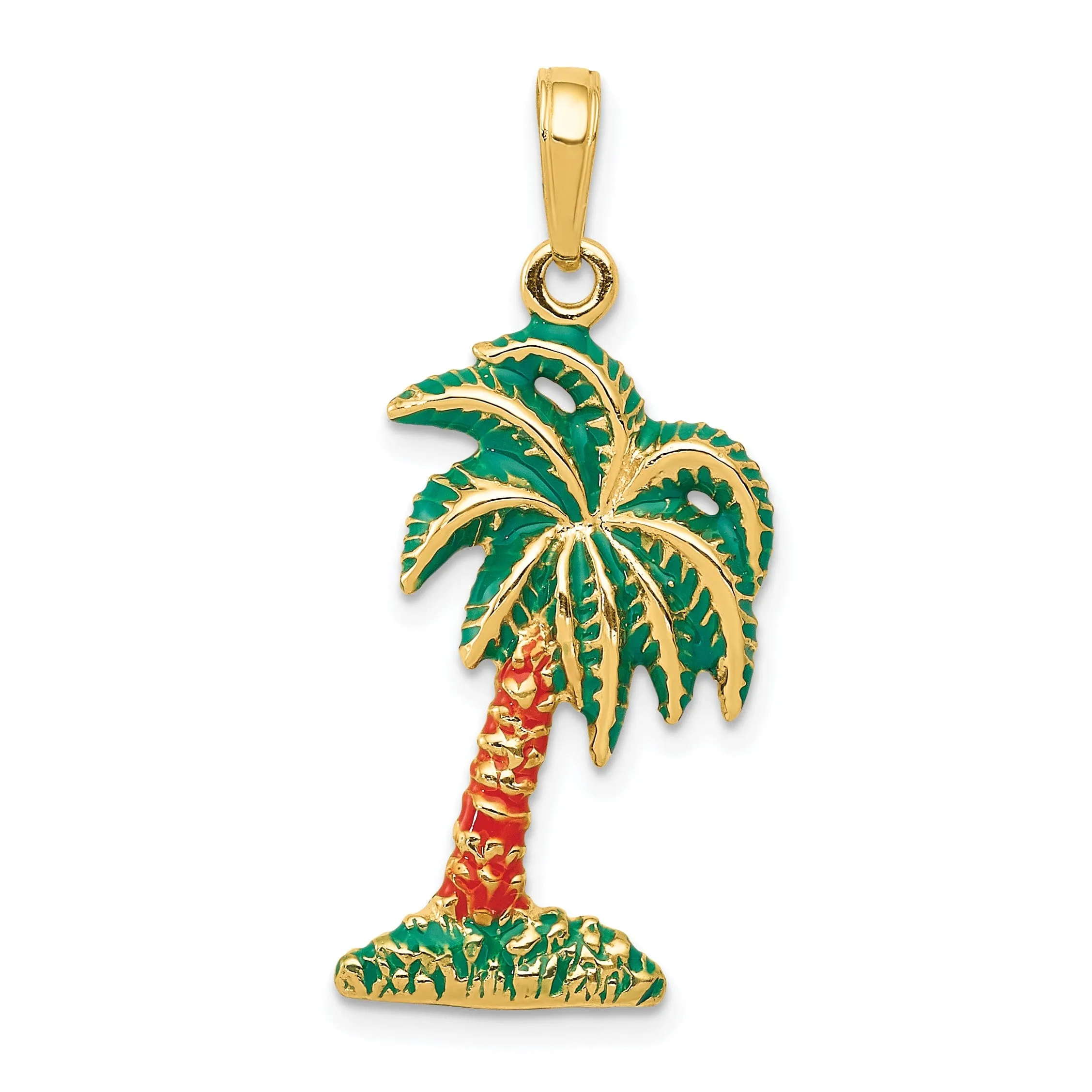 14k Yellow Gold Solid Multi-Color Enameled Finish Palm Tree Charm Pendant