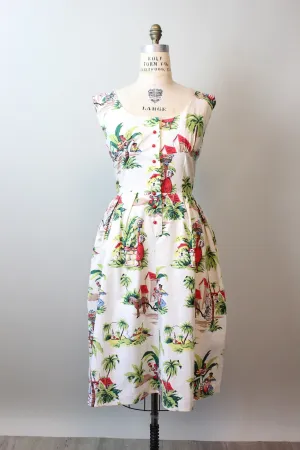 1950s NOVELTY PRINT tropical COTTON dress large | new spring