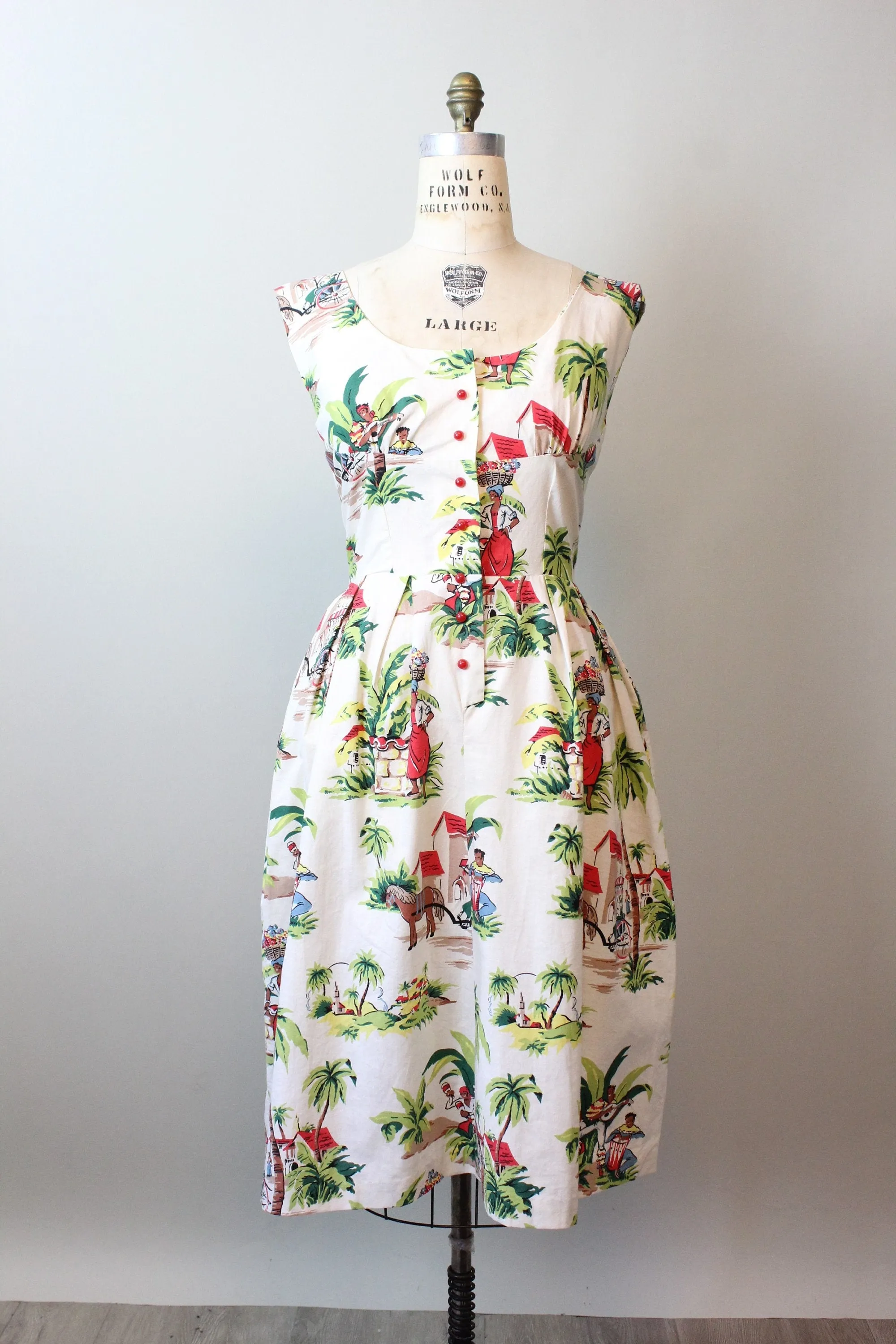 1950s NOVELTY PRINT tropical COTTON dress large | new spring