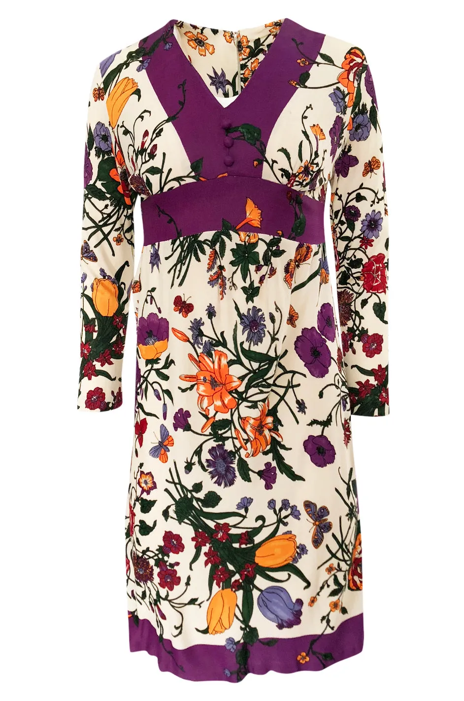 1960s Unlabeled 'Gucci' Floral & Fauna Print Rayon Jersey Dress