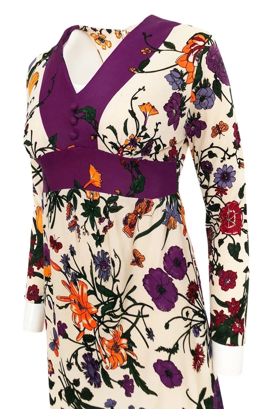 1960s Unlabeled 'Gucci' Floral & Fauna Print Rayon Jersey Dress