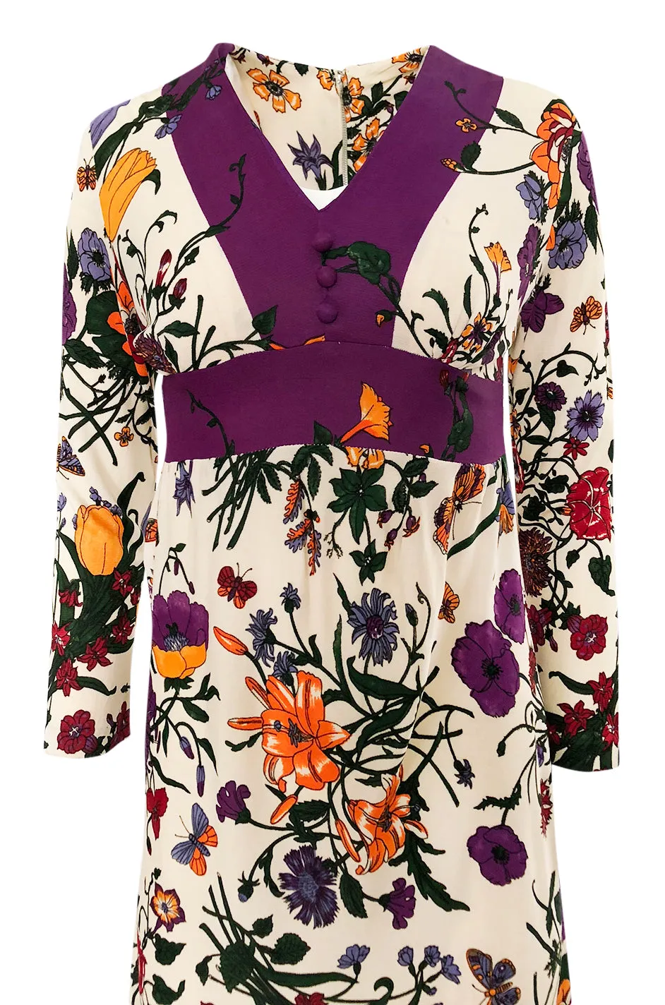 1960s Unlabeled 'Gucci' Floral & Fauna Print Rayon Jersey Dress