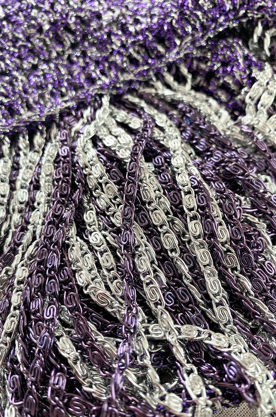 1971- 1973 Loris Azzaro Purple Metallic Lame Crochet Knit & Silver Chain Top
