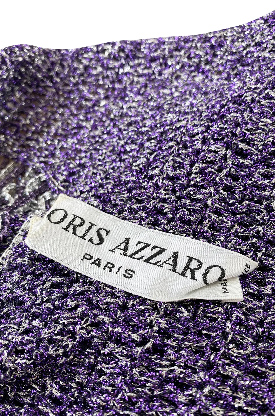 1971- 1973 Loris Azzaro Purple Metallic Lame Crochet Knit & Silver Chain Top