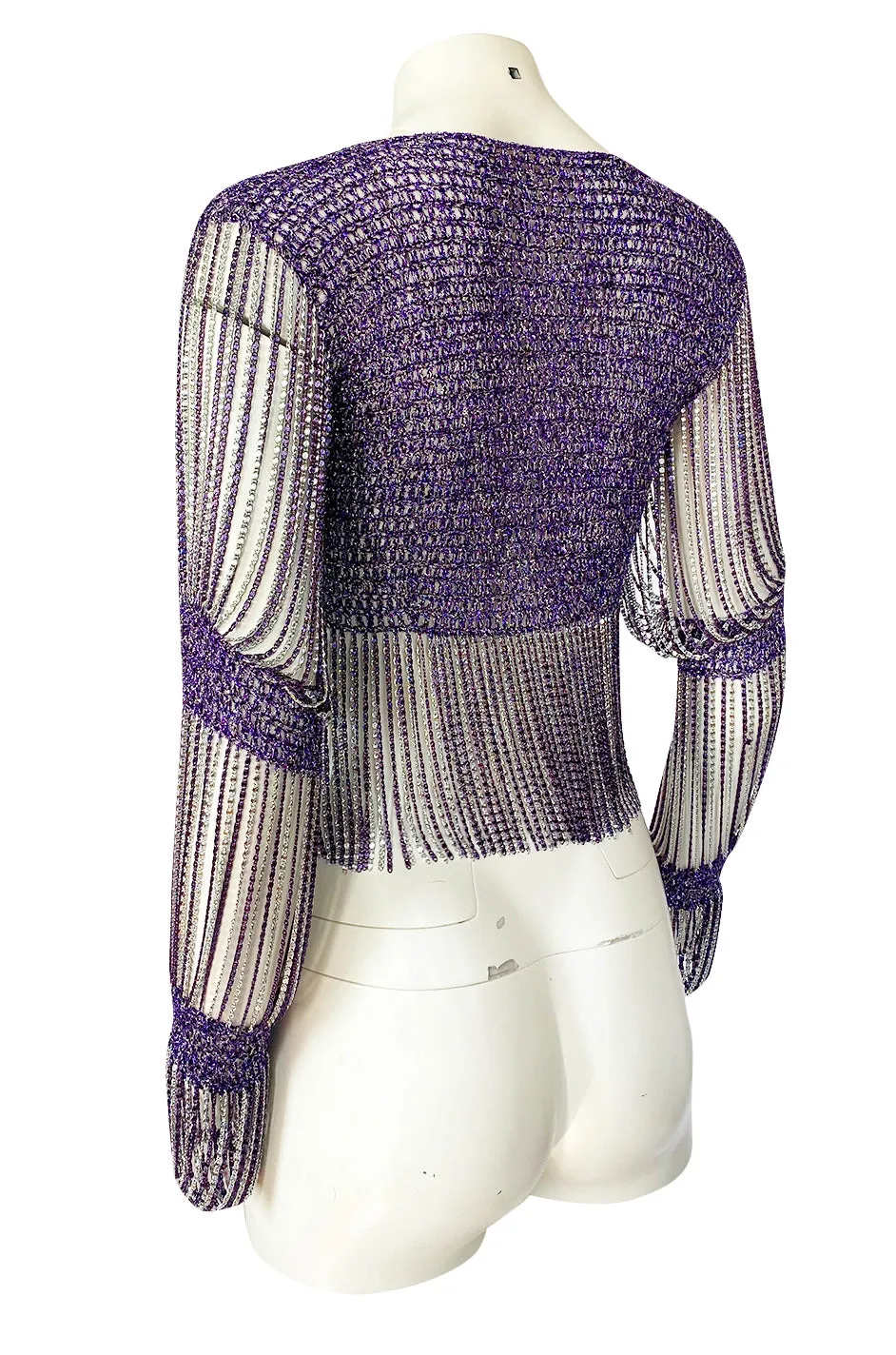 1971- 1973 Loris Azzaro Purple Metallic Lame Crochet Knit & Silver Chain Top