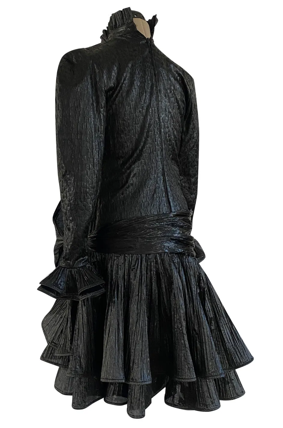 1980s Salvadori Albani Couture Black Textured Silk Lame & Plisse Finish Drop Waist Dress