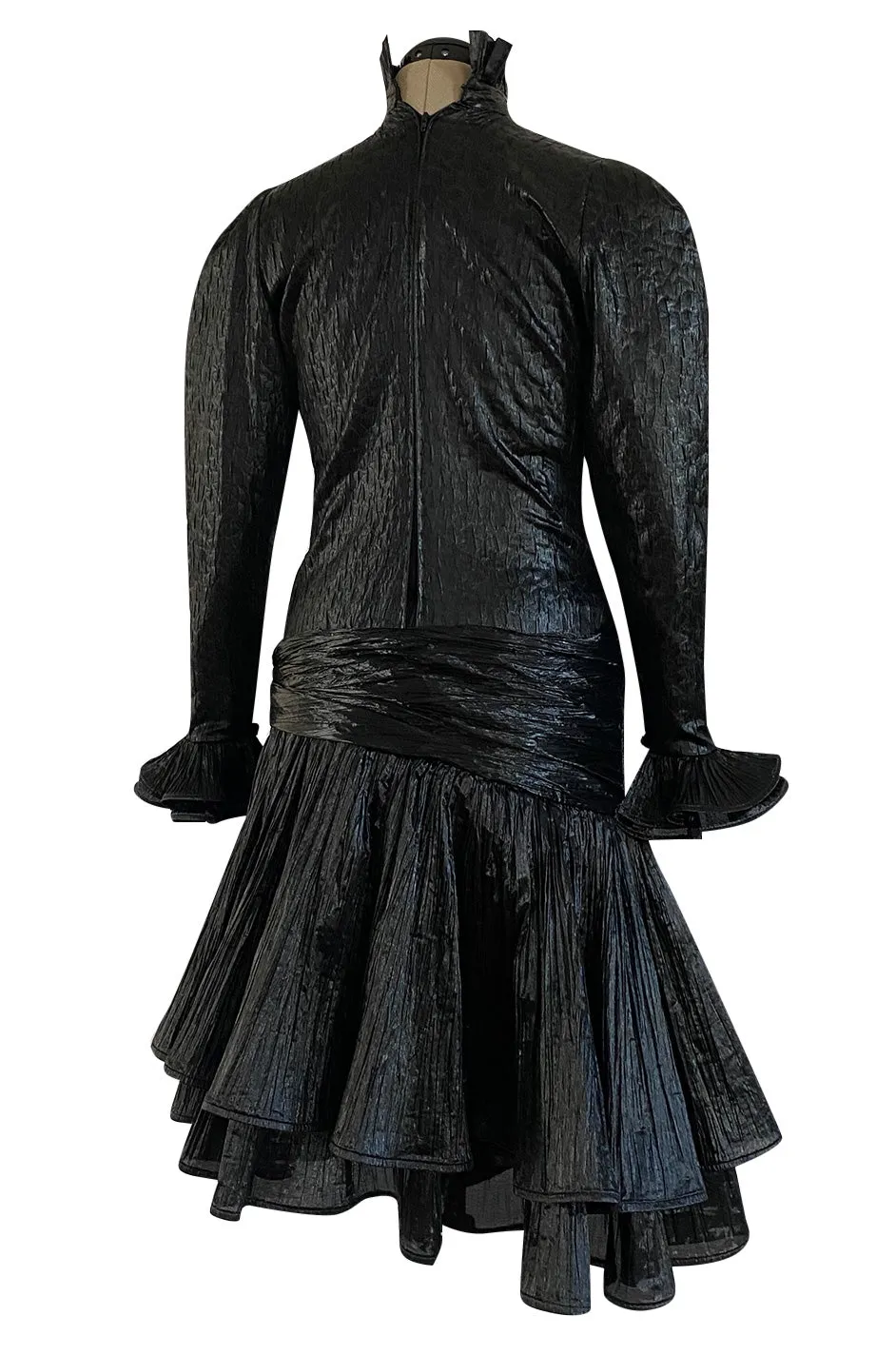 1980s Salvadori Albani Couture Black Textured Silk Lame & Plisse Finish Drop Waist Dress