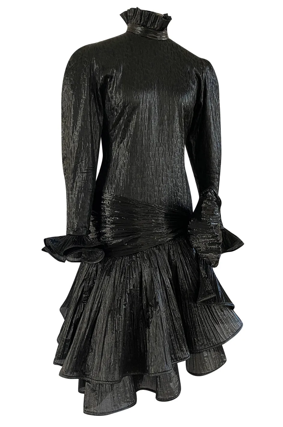 1980s Salvadori Albani Couture Black Textured Silk Lame & Plisse Finish Drop Waist Dress
