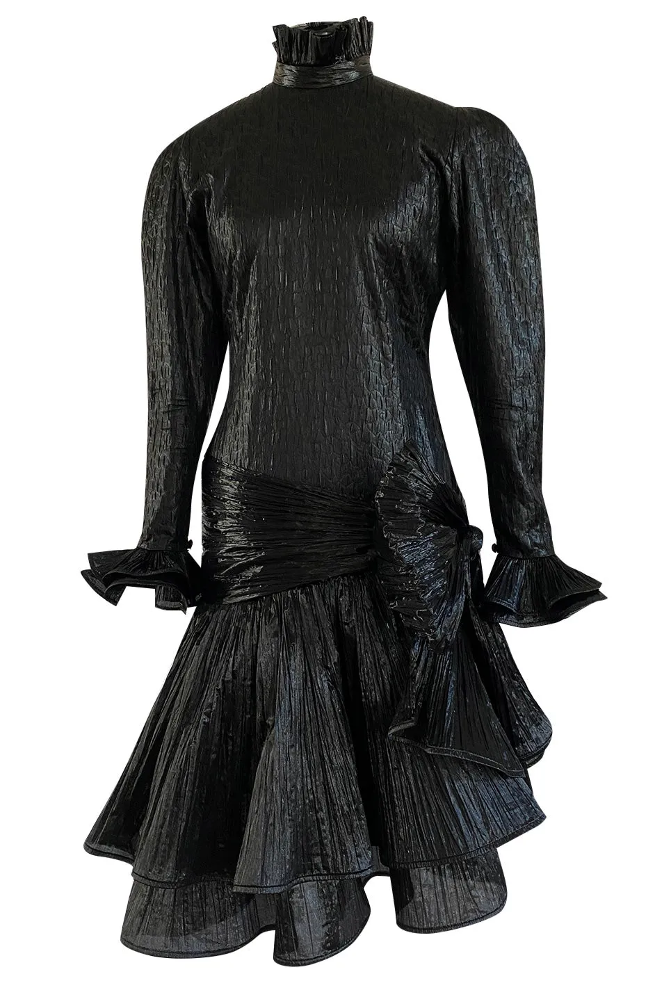 1980s Salvadori Albani Couture Black Textured Silk Lame & Plisse Finish Drop Waist Dress
