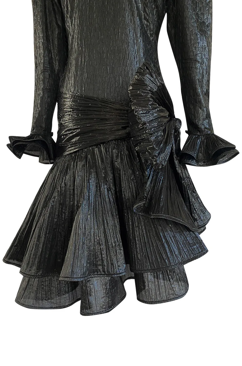 1980s Salvadori Albani Couture Black Textured Silk Lame & Plisse Finish Drop Waist Dress