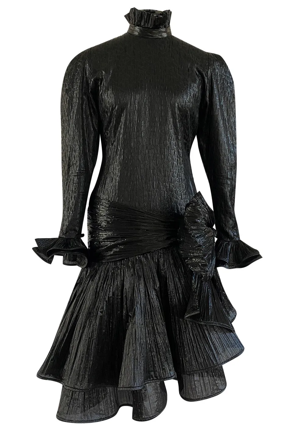 1980s Salvadori Albani Couture Black Textured Silk Lame & Plisse Finish Drop Waist Dress
