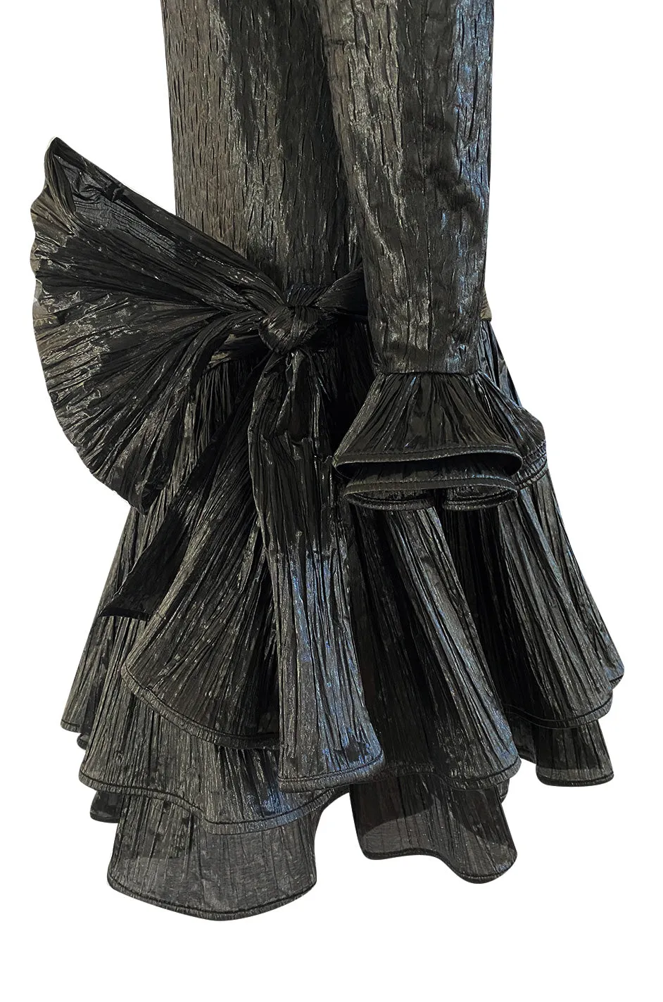 1980s Salvadori Albani Couture Black Textured Silk Lame & Plisse Finish Drop Waist Dress