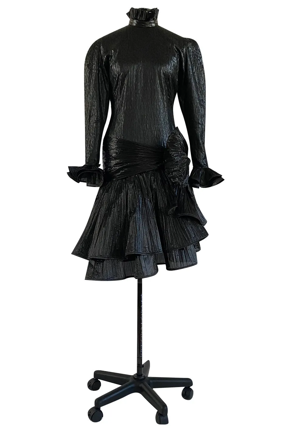 1980s Salvadori Albani Couture Black Textured Silk Lame & Plisse Finish Drop Waist Dress