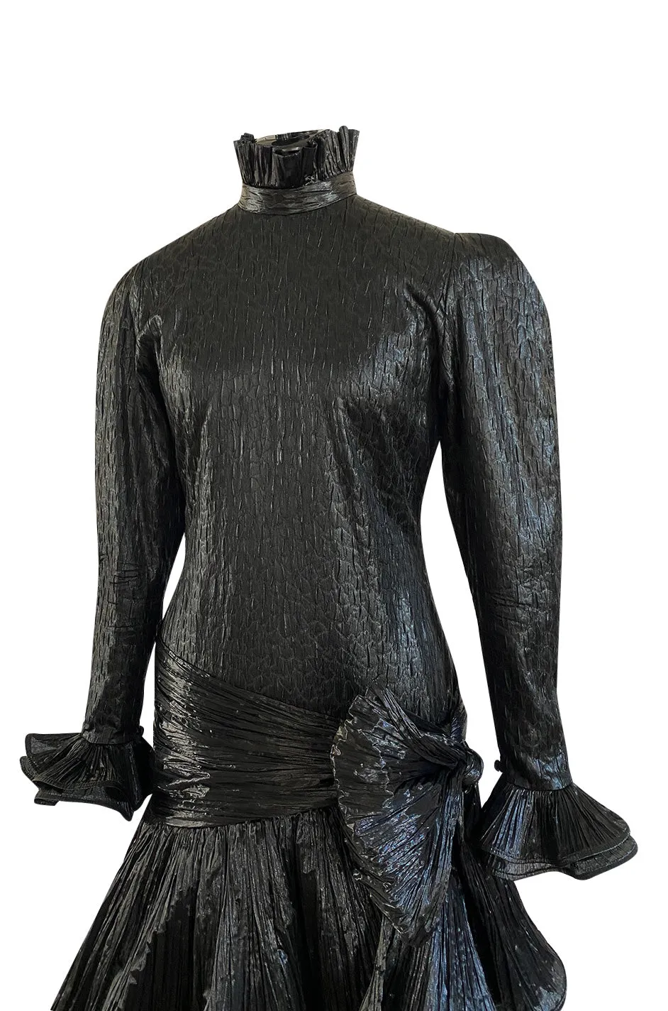 1980s Salvadori Albani Couture Black Textured Silk Lame & Plisse Finish Drop Waist Dress