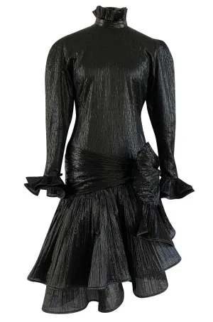 1980s Salvadori Albani Couture Black Textured Silk Lame & Plisse Finish Drop Waist Dress