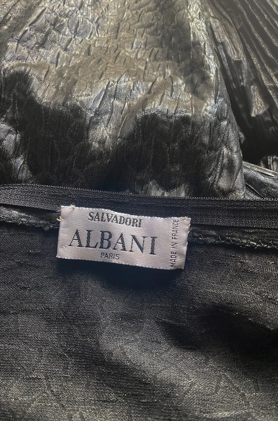 1980s Salvadori Albani Couture Black Textured Silk Lame & Plisse Finish Drop Waist Dress