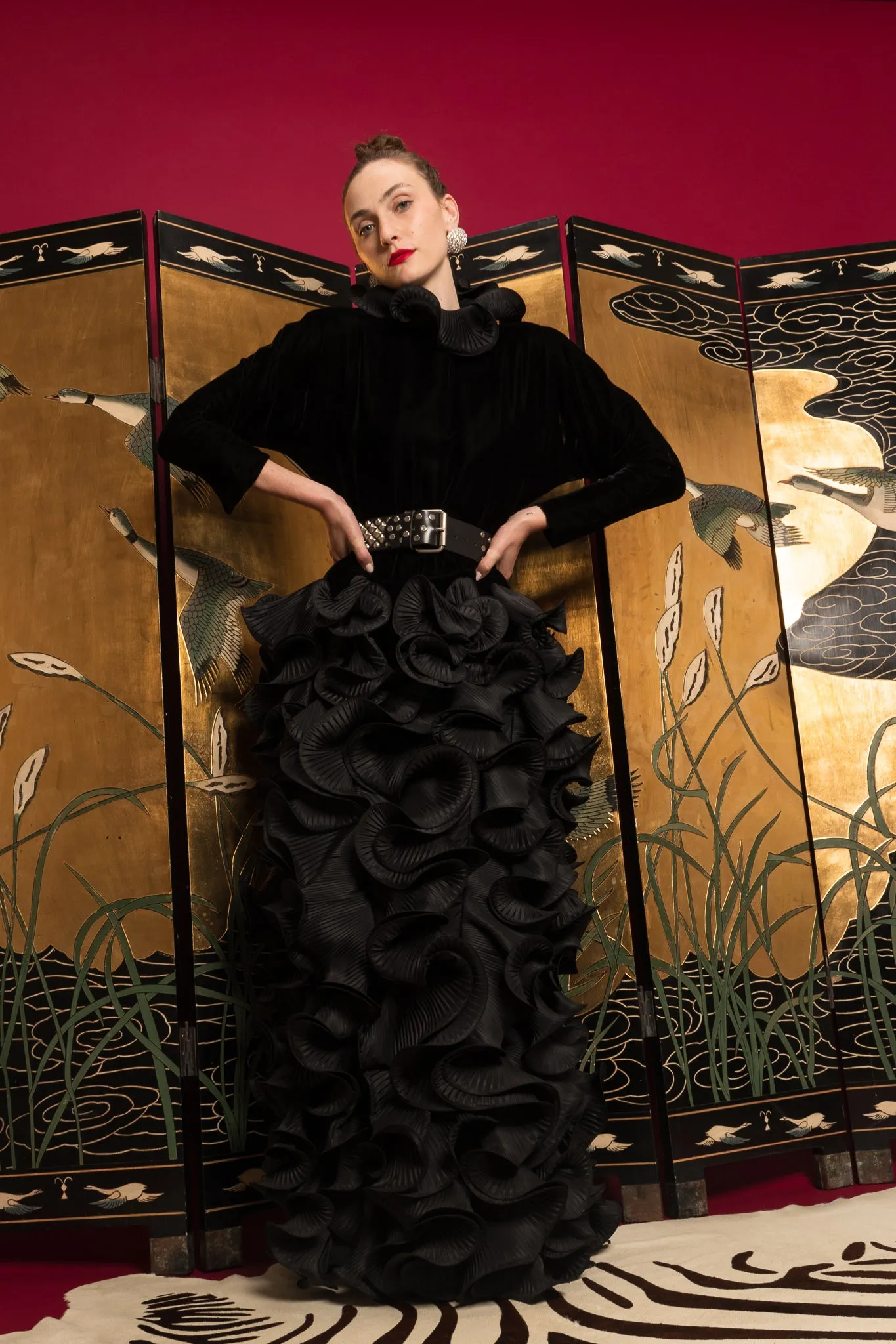1985 A/W Couture Ruffle Pleat Velvet Taffeta Gown