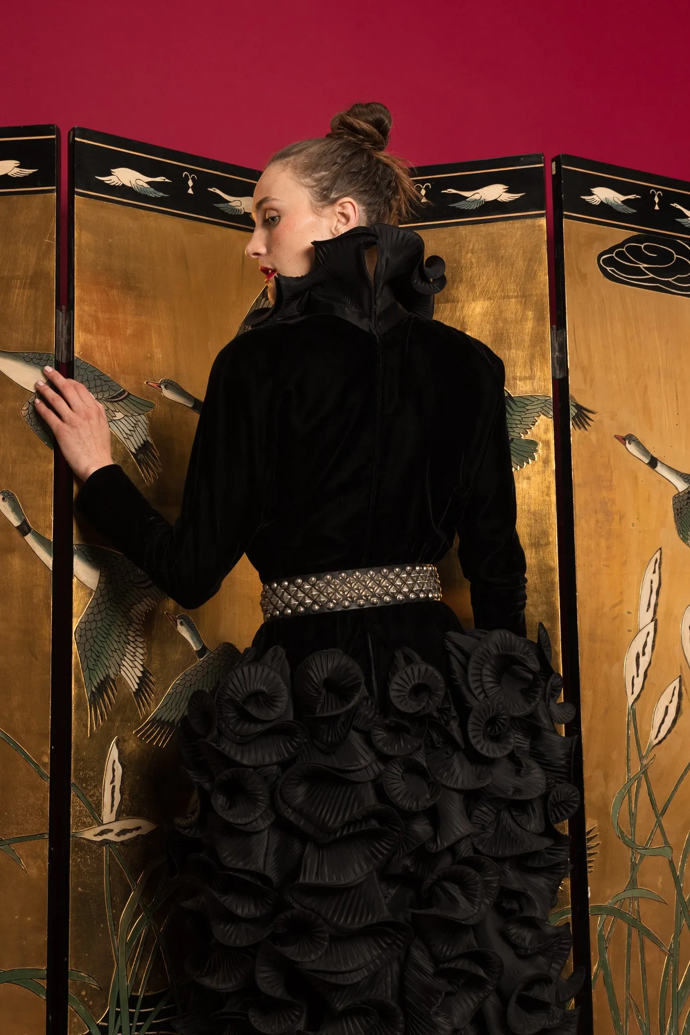 1985 A/W Couture Ruffle Pleat Velvet Taffeta Gown