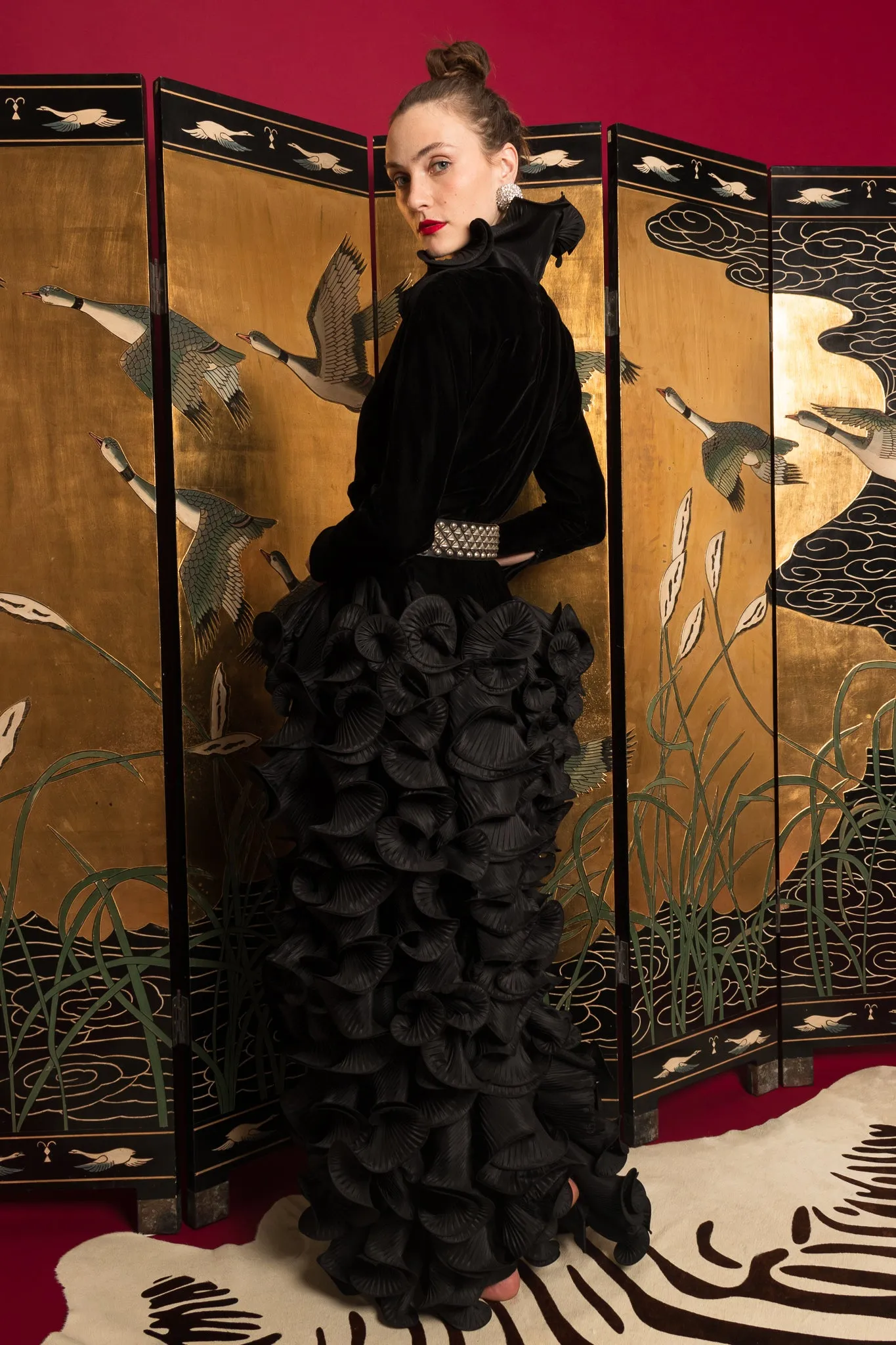 1985 A/W Couture Ruffle Pleat Velvet Taffeta Gown