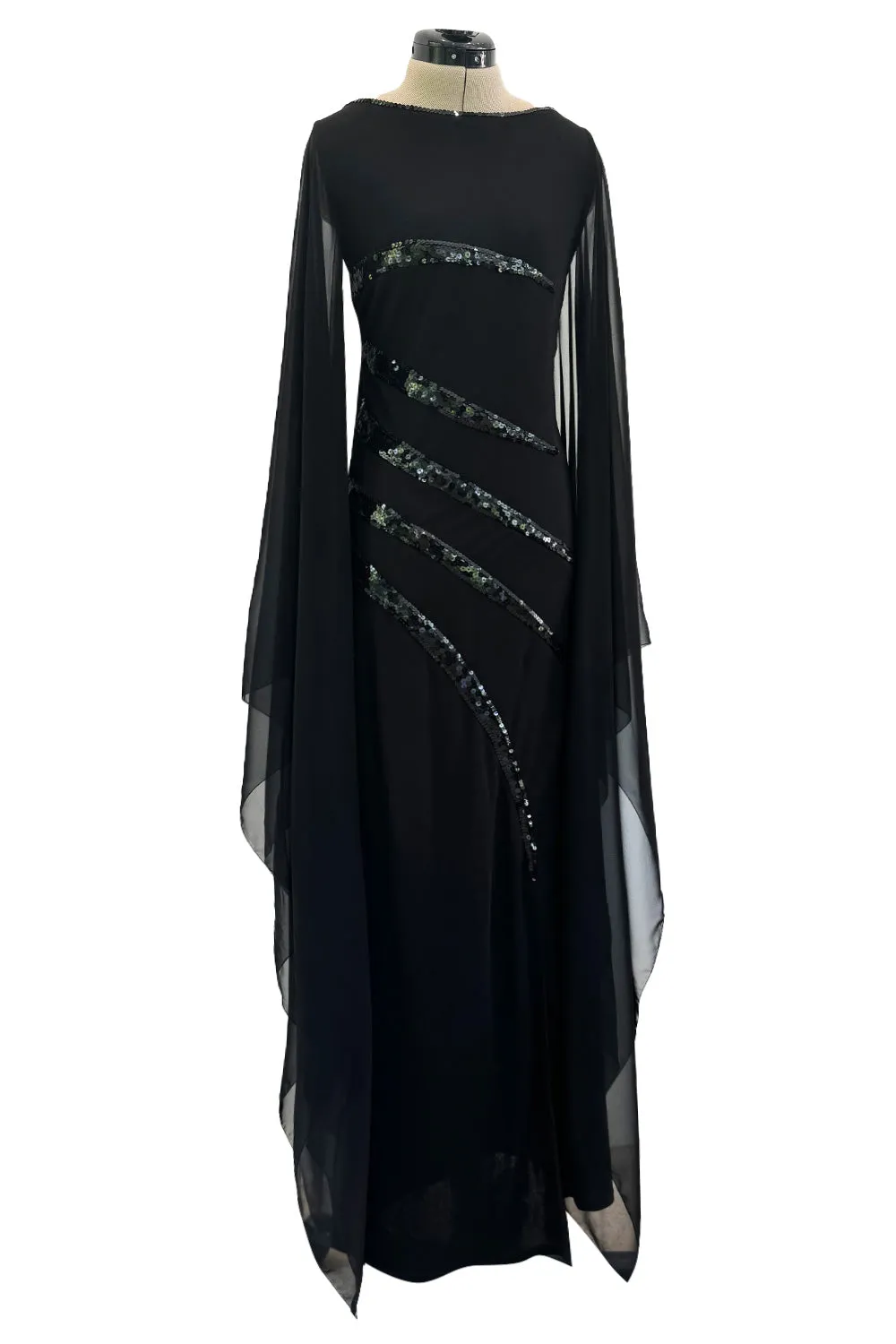 1990s Loris Azzaro Black Stretch Jersey Dress w Chiffon Angel Sleeves & Black Sequin Detailing