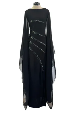 1990s Loris Azzaro Black Stretch Jersey Dress w Chiffon Angel Sleeves & Black Sequin Detailing