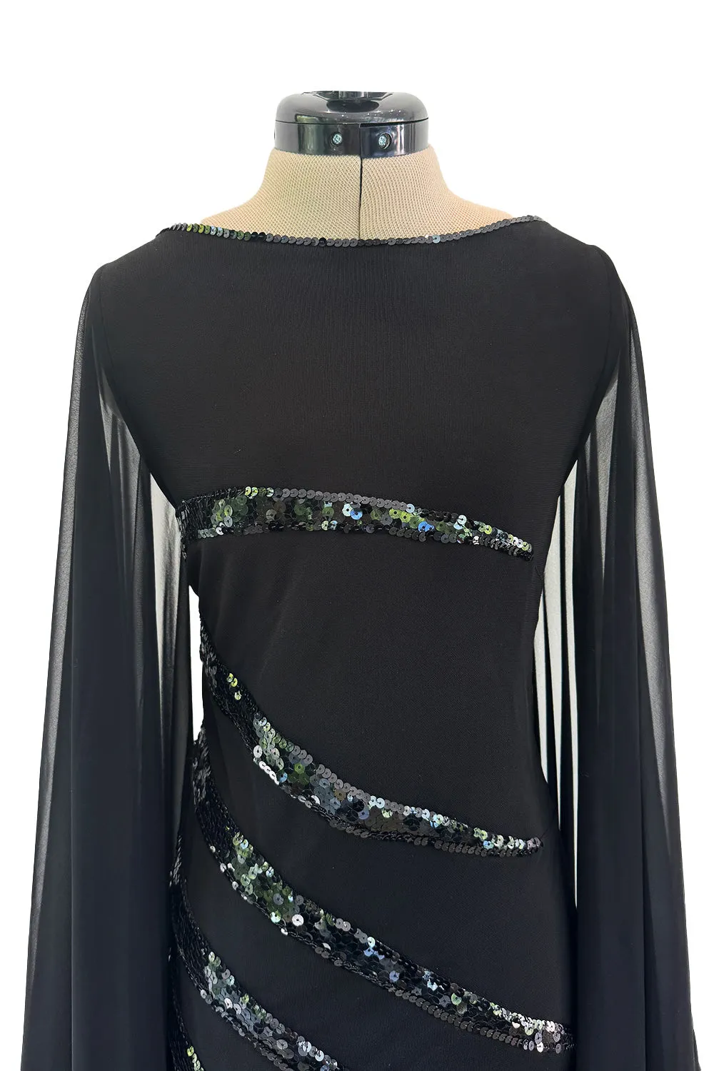 1990s Loris Azzaro Black Stretch Jersey Dress w Chiffon Angel Sleeves & Black Sequin Detailing