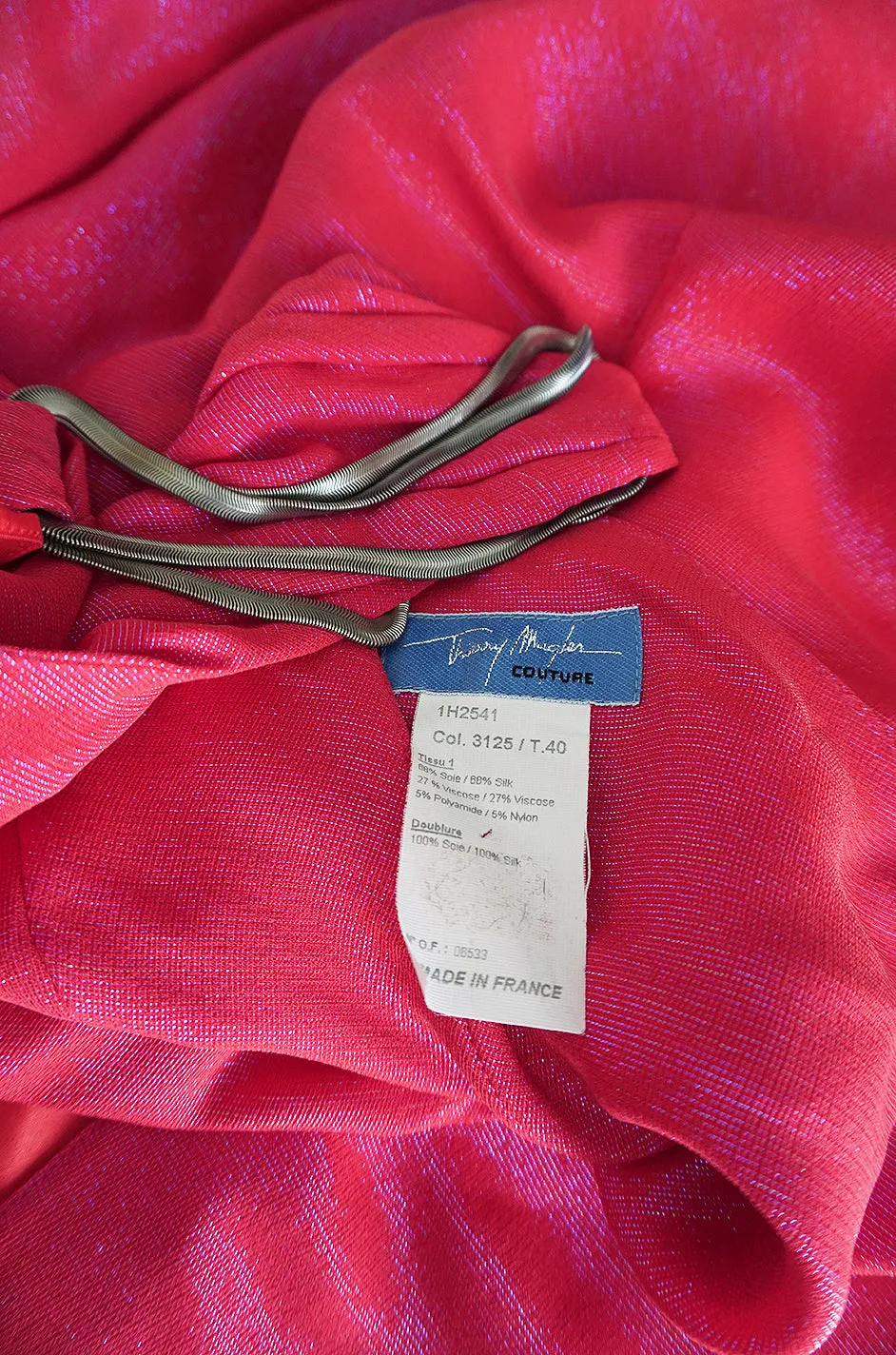1990s Thierry Mugler Couture Bright Pink Metallic Lurex One Shoulder Dress w High Slit