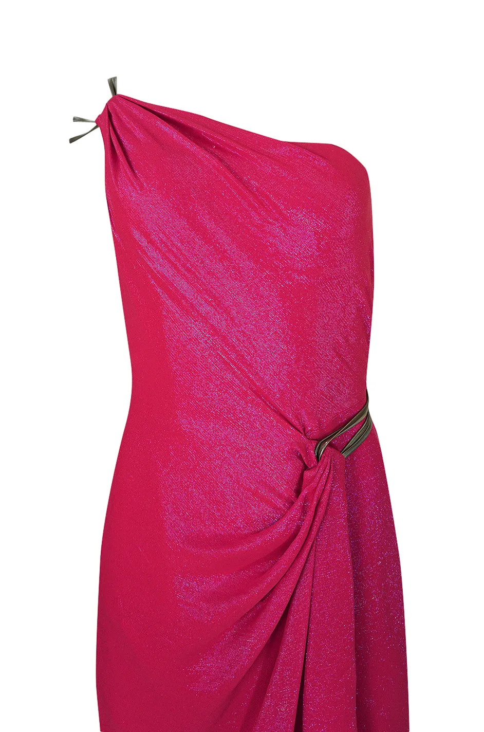 1990s Thierry Mugler Couture Bright Pink Metallic Lurex One Shoulder Dress w High Slit