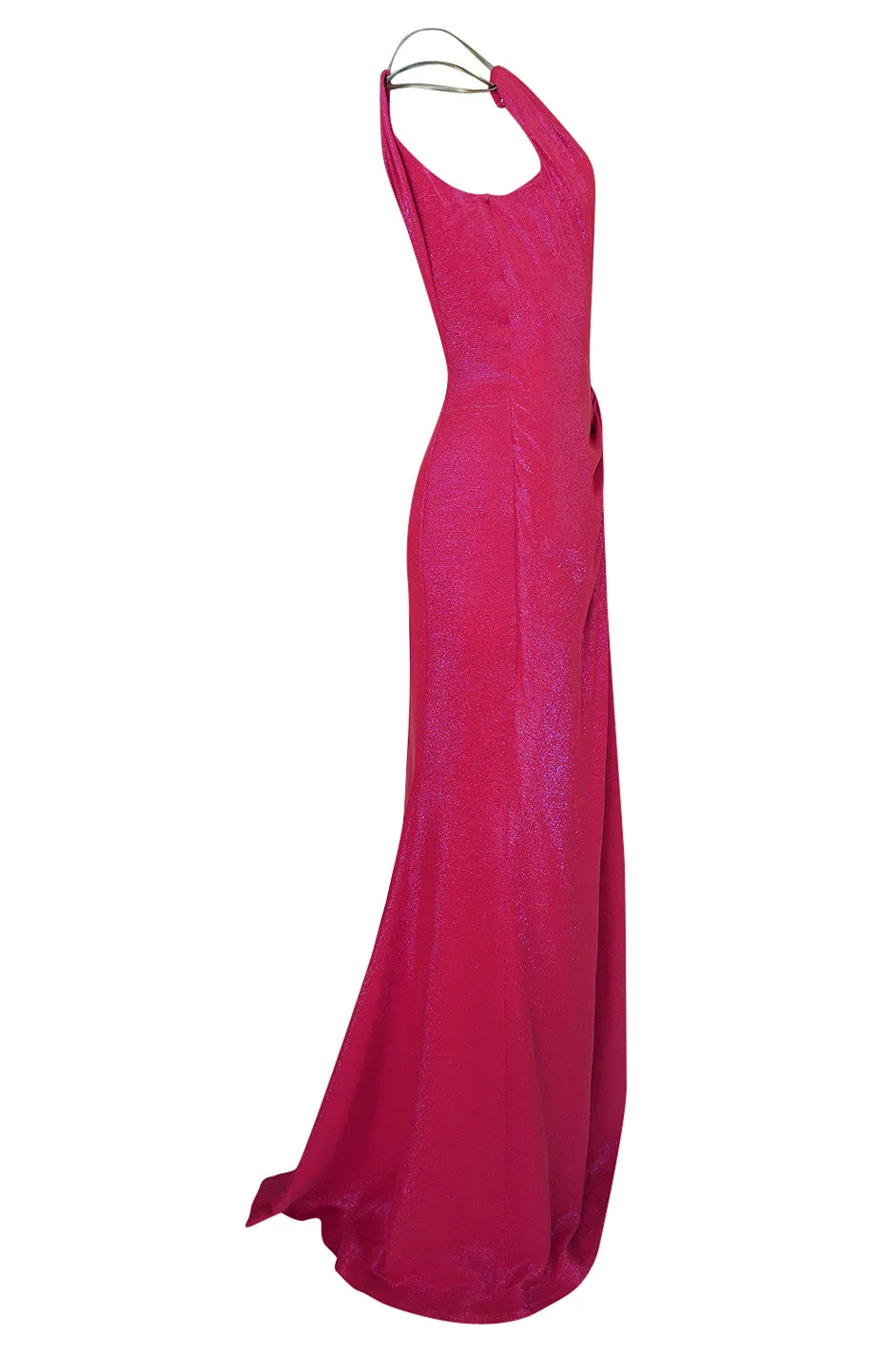 1990s Thierry Mugler Couture Bright Pink Metallic Lurex One Shoulder Dress w High Slit