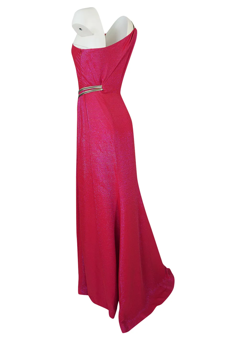 1990s Thierry Mugler Couture Bright Pink Metallic Lurex One Shoulder Dress w High Slit