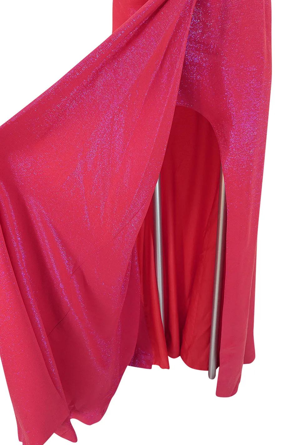 1990s Thierry Mugler Couture Bright Pink Metallic Lurex One Shoulder Dress w High Slit