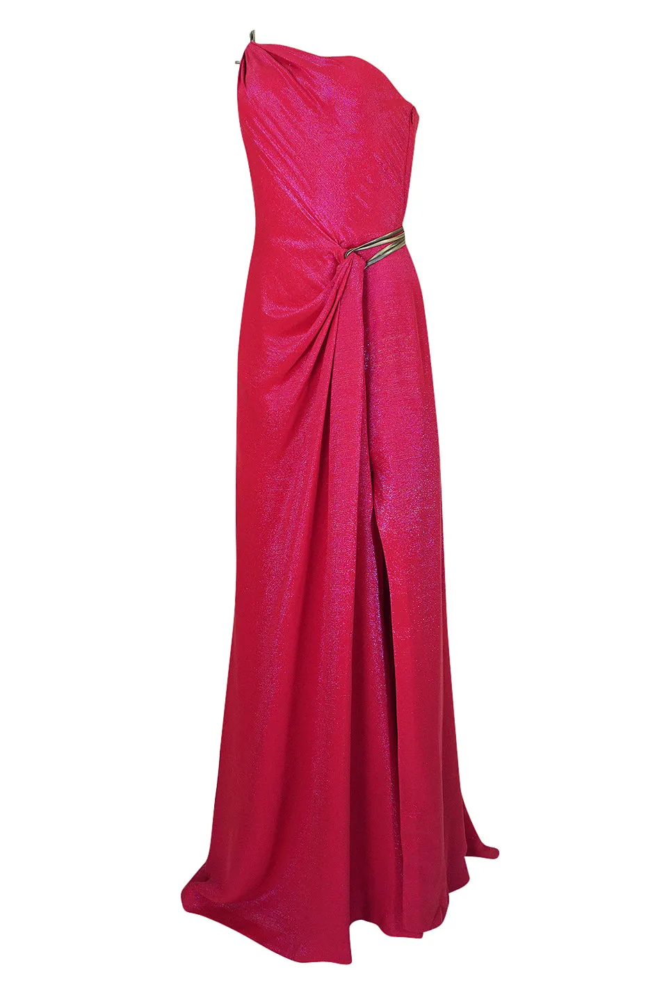 1990s Thierry Mugler Couture Bright Pink Metallic Lurex One Shoulder Dress w High Slit