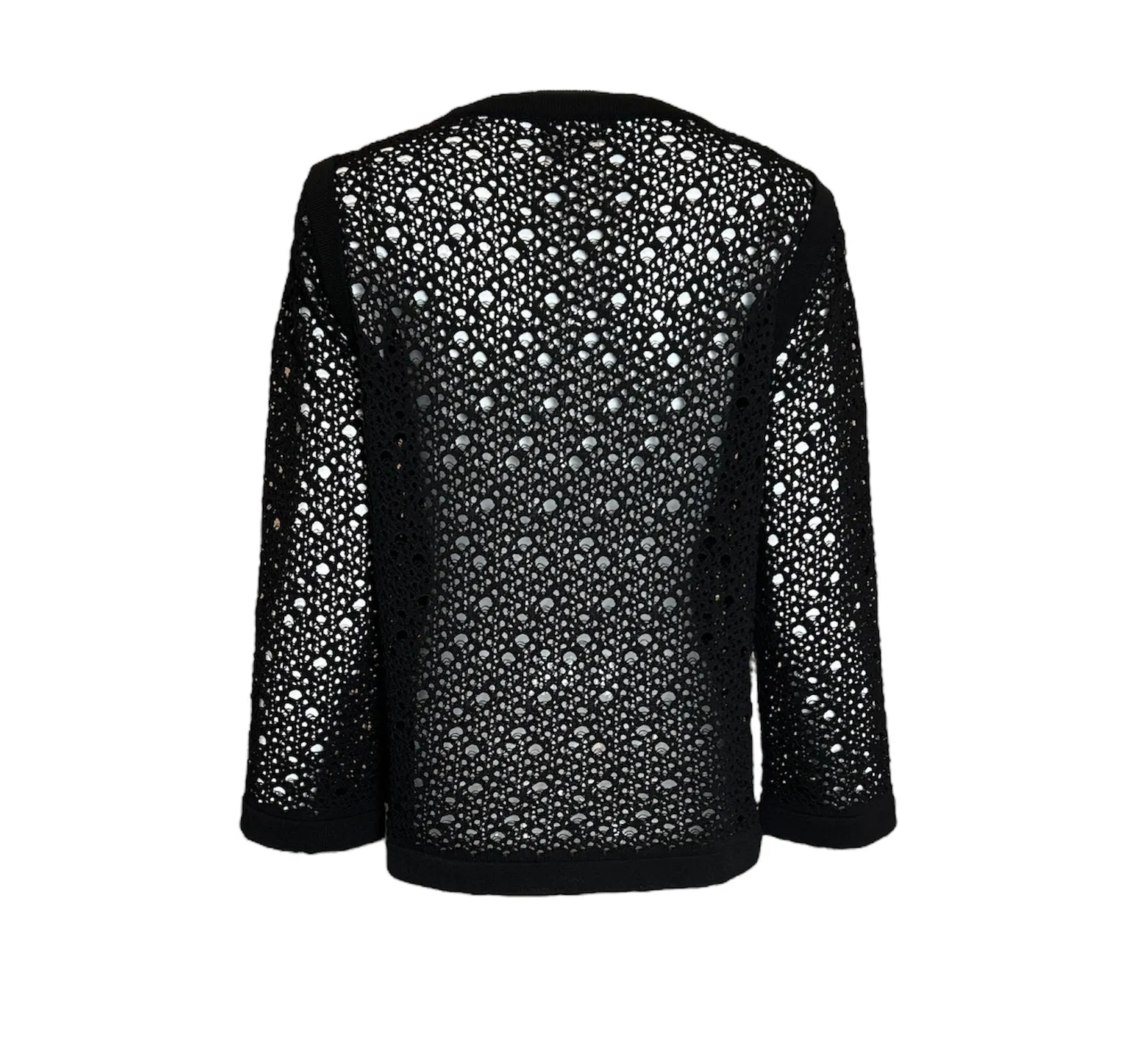 2000s CHANEL Net-Knit Black Cardigan with Logo Buttons
