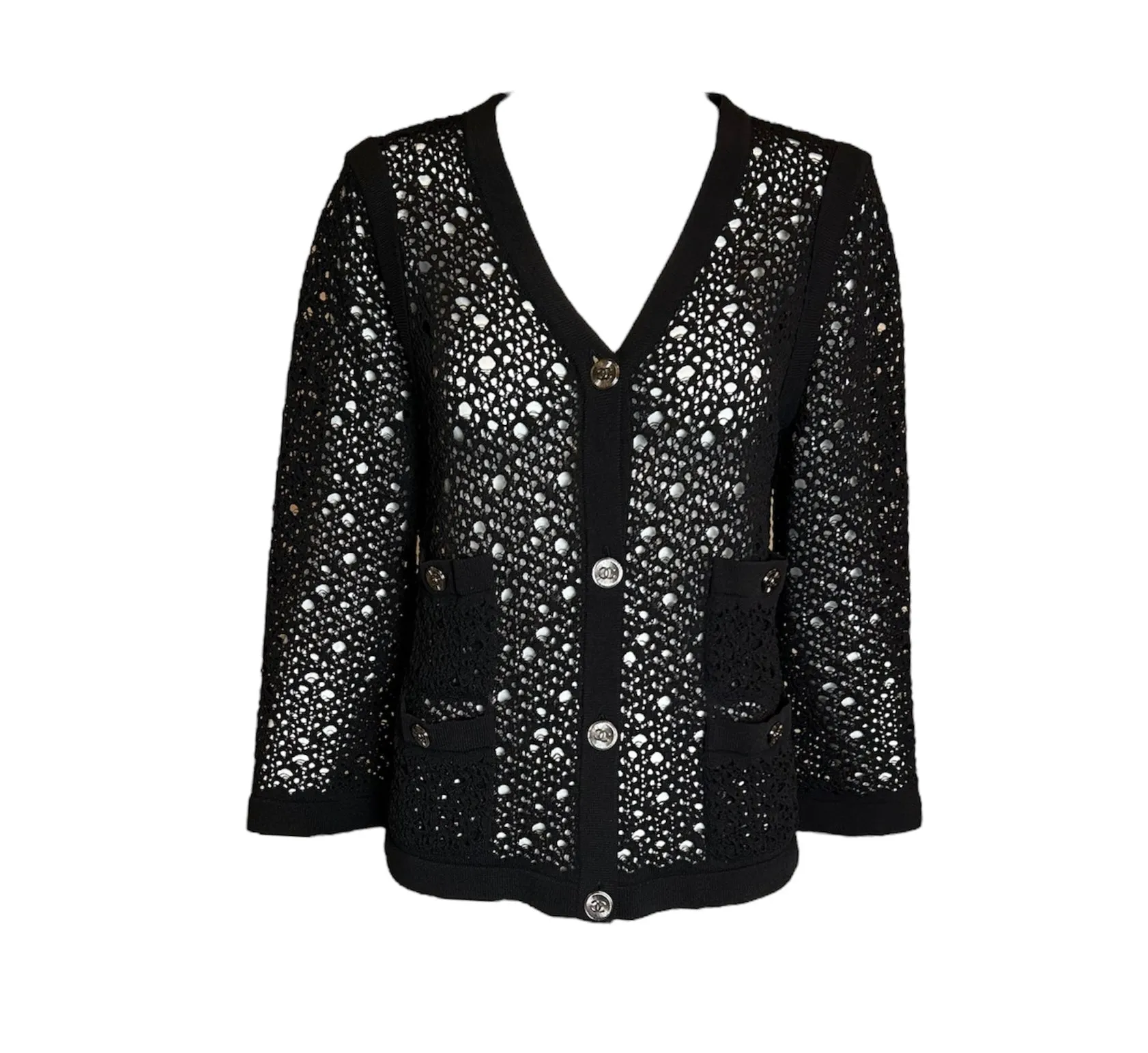 2000s CHANEL Net-Knit Black Cardigan with Logo Buttons