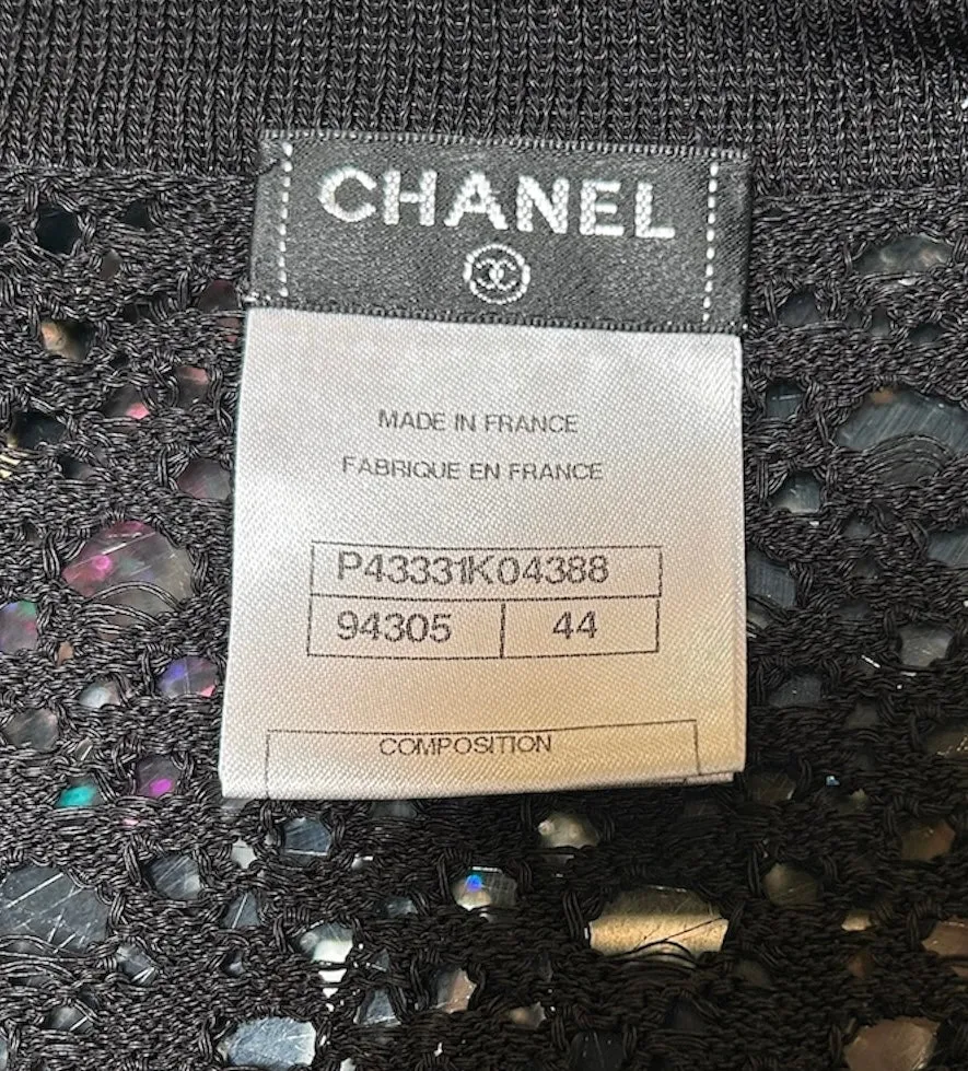 2000s CHANEL Net-Knit Black Cardigan with Logo Buttons