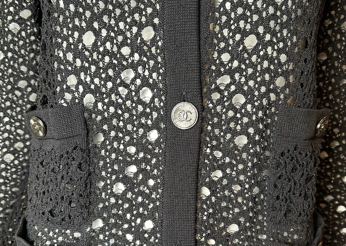 2000s CHANEL Net-Knit Black Cardigan with Logo Buttons