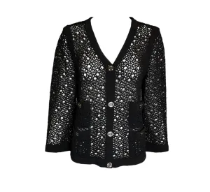 2000s CHANEL Net-Knit Black Cardigan with Logo Buttons