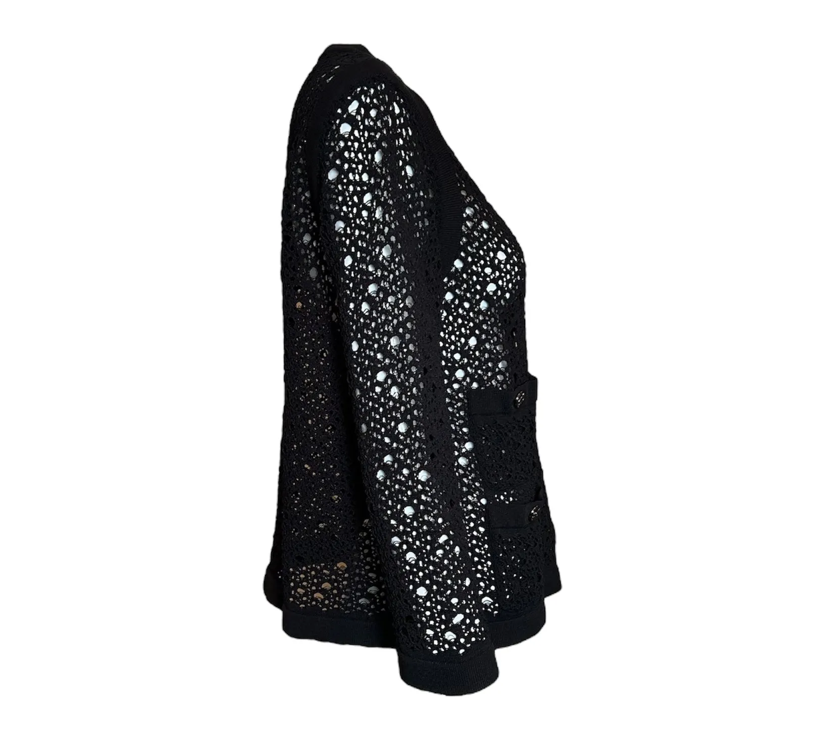 2000s CHANEL Net-Knit Black Cardigan with Logo Buttons