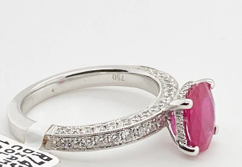 2.30 Carat Natural Ruby and Diamond Ring F VS 18K White Gold size 6.5