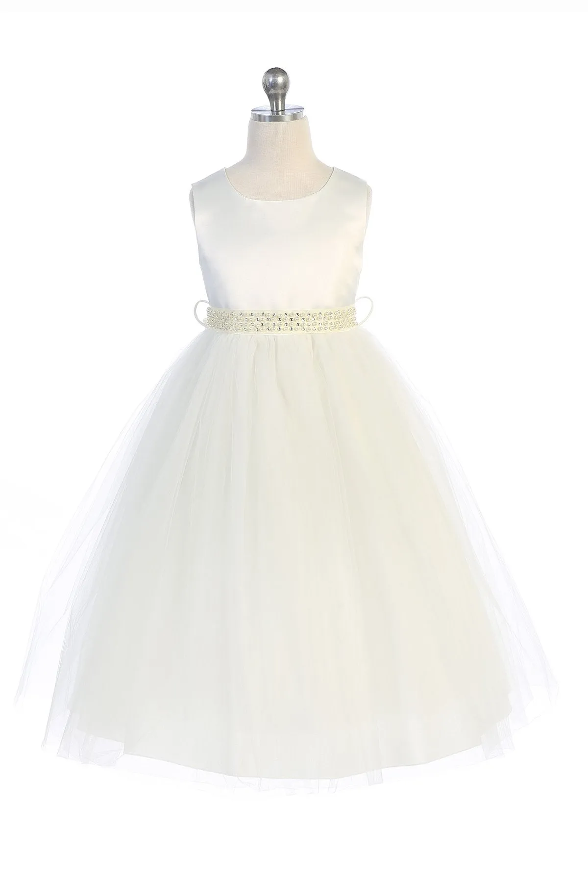 411S Pearl Rhinestone Satin Tulle Dress