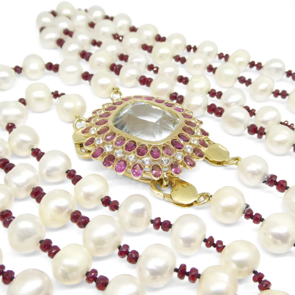 43ct Aquamarine, Pink Tourmaline, Sapphire, Pearl and Ruby Body Chain set in 10k Yellow Gold