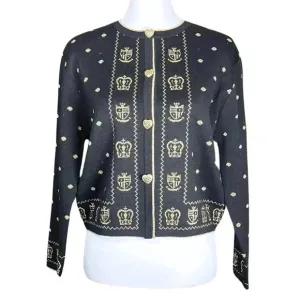 90s Vintage Asian Korean Cardigan XS Black Gold Heart Button Maximalist Eclectic