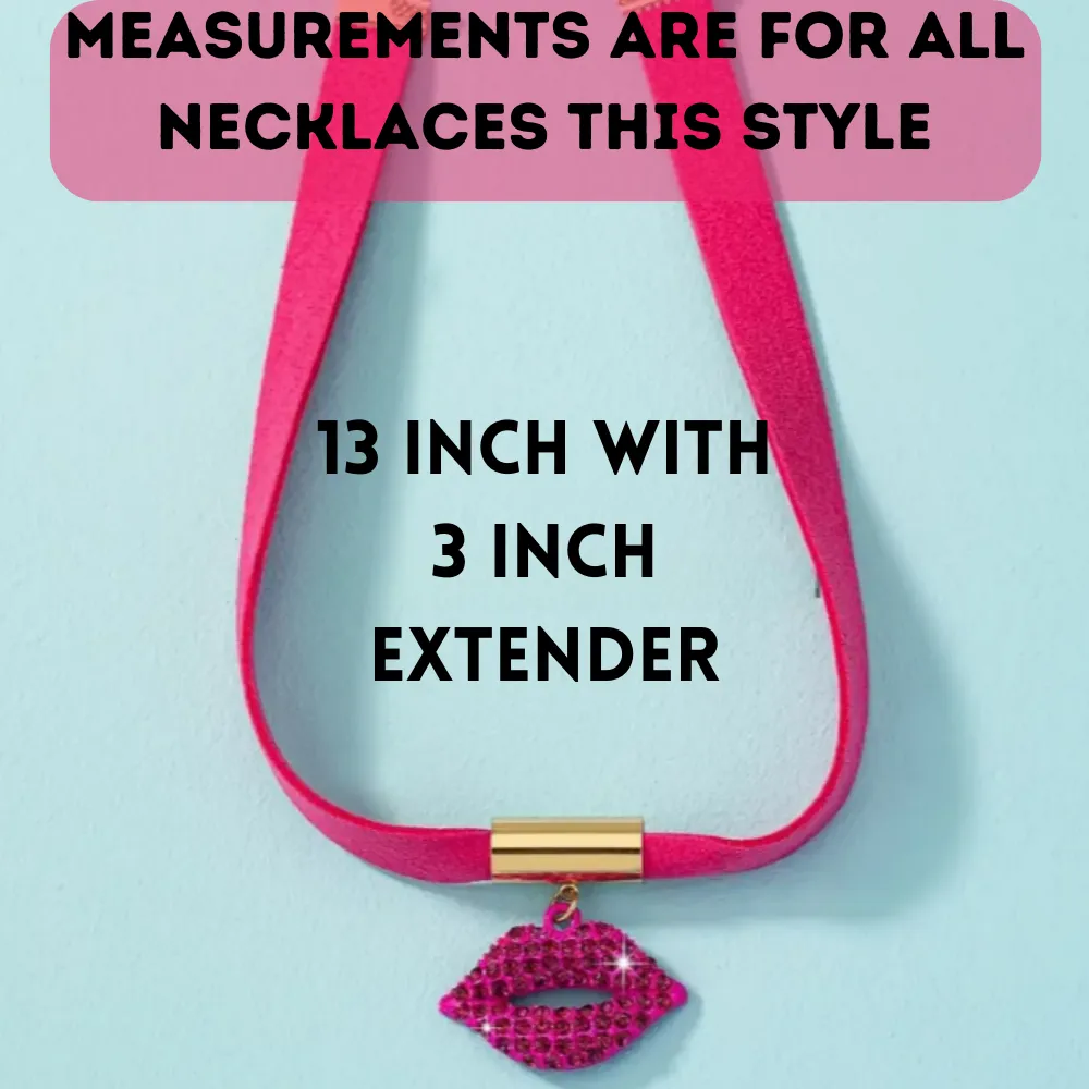 A Sexy and Powerful Pink Rhinestone Lips Choker Necklace with Pink Velvet/Suede Chain