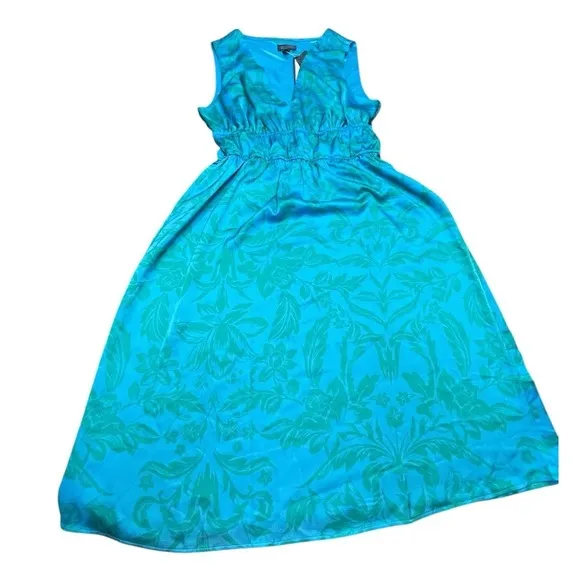 Adrianna Papell Satin Midi Dress Smocked Waist Tropical New Size 10 Vacation