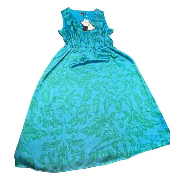 Adrianna Papell Satin Midi Dress Smocked Waist Tropical New Size 10 Vacation