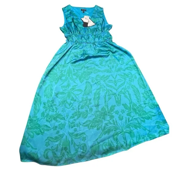 Adrianna Papell Satin Midi Dress Smocked Waist Tropical New Size 10 Vacation