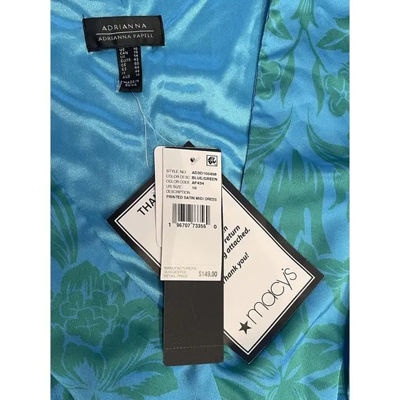 Adrianna Papell Satin Midi Dress Smocked Waist Tropical New Size 10 Vacation
