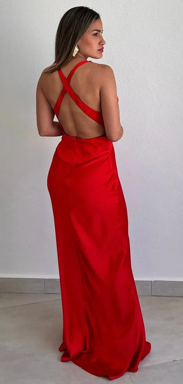 Always Beloved Rose Red Satin Long Dress