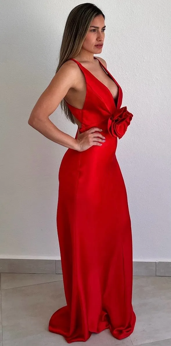 Always Beloved Rose Red Satin Long Dress